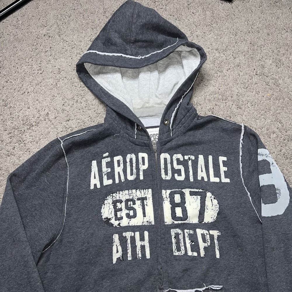 Aeropostale Hoodie Mens XL Gray Full Zip Est. 1987 Graphic Fleece Sweatshirt